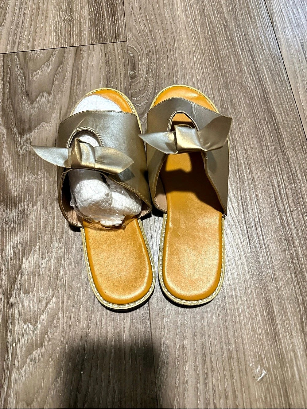 Bow Slide Sandals in Gold Like New